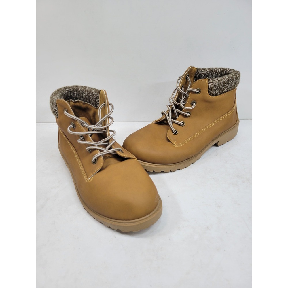 Just Be Women's Tan Lace Up Ankle Hiking Combat Boots Sweater Collar Size 10